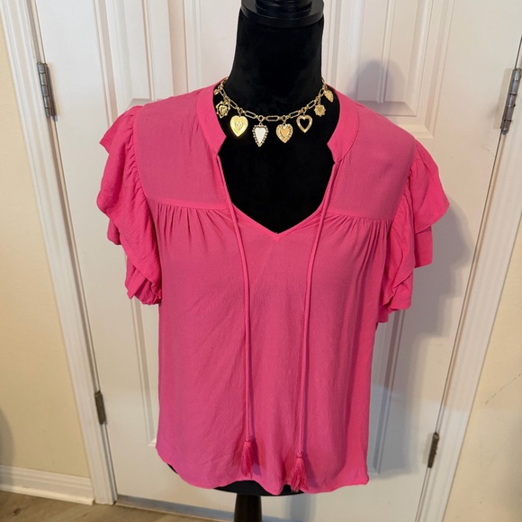 A Loves A Tops - Women’s Hot Pink Ruffle Sleeve V-Neck Blouse with Tassel Tie